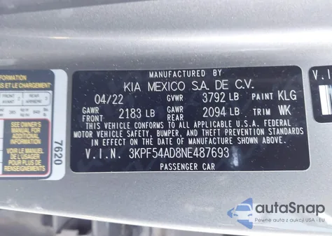 2022 Kia Forte Gt-Line z USA, uszkodzony, nr VIN 3KPF54AD8NE487693